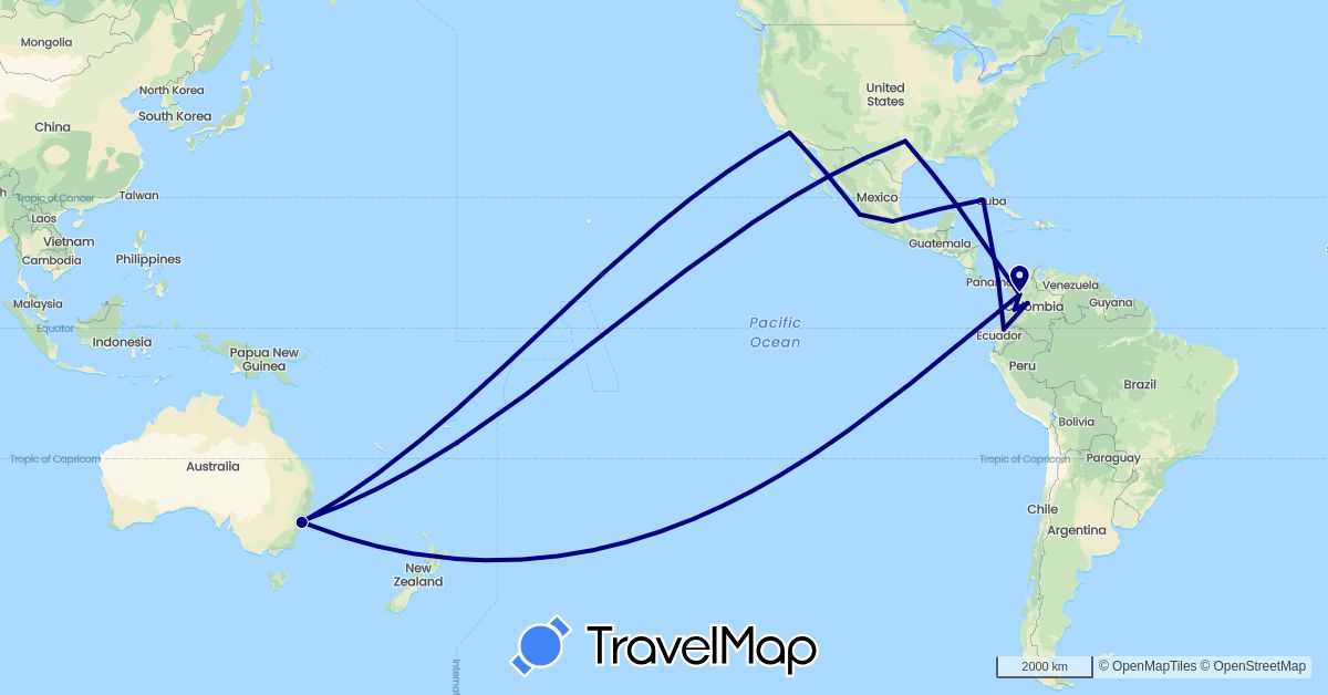TravelMap itinerary: driving in Australia, Colombia, Cuba, Ecuador, Mexico, Panama, United States (North America, Oceania, South America)